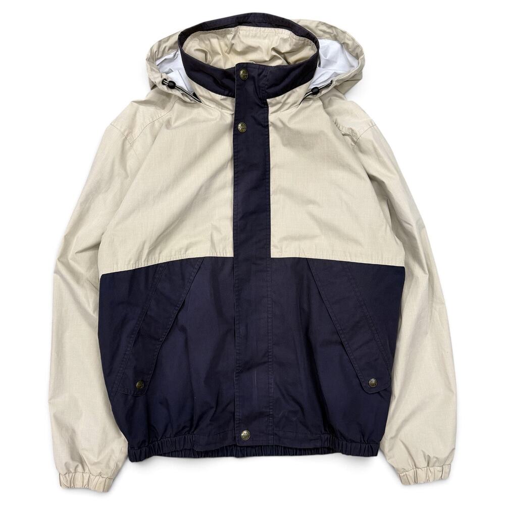 Vintage Pacific Trail Outdoor Hooded Rain Jacket Windbreaker Large Tan Navy Blue